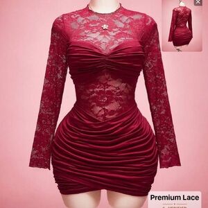 SHEIN Burgundy Lace Ruched Long Sleeve Mini Dress